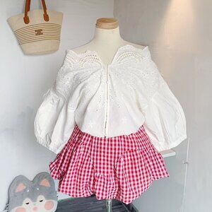 White Eyelet Lace Off Shoulder Peasant Top